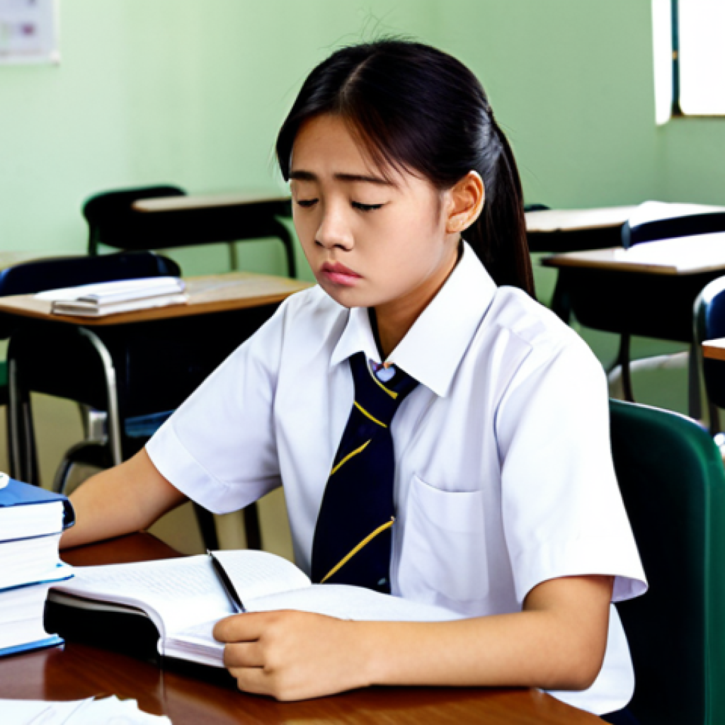 Stress from School**

"A Thai teenager, fully clothed in a school uniform, sitting at a desk piled with textbooks and notebooks, looking stressed and overwhelmed, surrounded by exam papers, safe for work, appropriate content, professional, perfect anatomy, natural proportions, modest clothing, well-lit study room."

**
