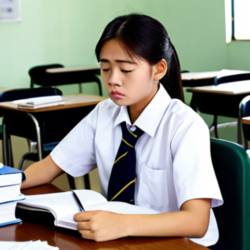 Home 20 Stress from School**
"A Thai teenager, fully clothed in a school uniform, sitting at a desk piled with textbooks and notebooks, looking stressed and overwhelmed, surrounded by exam papers, safe for work, appropriate content, professional, perfect anatomy, natural proportions, modest clothing, well-lit study room."
**