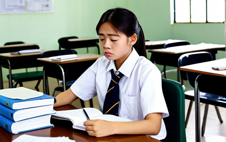Stress from School**

"A Thai teenager, fully clothed in a school uniform, sitting at a desk piled with textbooks and notebooks, looking stressed and overwhelmed, surrounded by exam papers, safe for work, appropriate content, professional, perfect anatomy, natural proportions, modest clothing, well-lit study room."

**