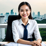 **

A professional Thai woman, fully clothed in a modest and stylish business outfit suitable for a warm climate, sitting at a desk in a modern office in Bangkok. Large windows overlook the city skyline. She is smiling gently. Safe for work, appropriate content, professional, family-friendly, perfect anatomy, correct proportions, natural pose, well-formed hands, proper finger count, natural body proportions, high quality.

**