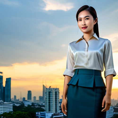 Home 18 **
A professional Thai businesswoman in a modest silk blouse and tailored skirt, standing confidently in front of the Bangkok skyline at sunset. Skyscrapers are visible in the background. Fully clothed, appropriate attire, safe for work, perfect anatomy, natural proportions, professional photography, high quality.
**