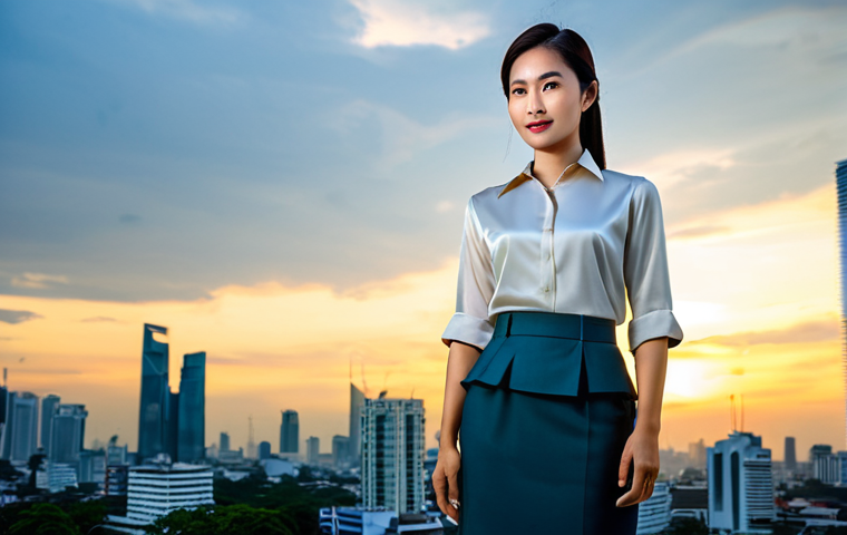 **
A professional Thai businesswoman in a modest silk blouse and tailored skirt, standing confidently in front of the Bangkok skyline at sunset. Skyscrapers are visible in the background. Fully clothed, appropriate attire, safe for work, perfect anatomy, natural proportions, professional photography, high quality.
**