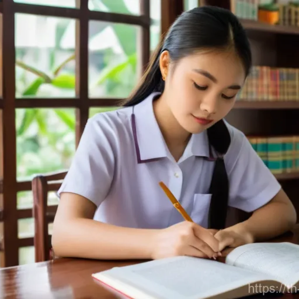 청소년상담사 필기시험 주요 과목 분석 - A focused Thai high school girl, approximately 16 years old, sitting comfortably at a well-organized...
