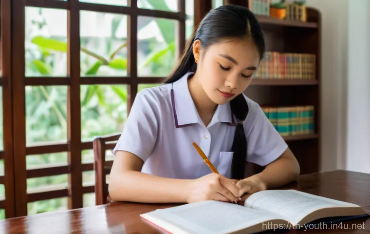 청소년상담사 필기시험 주요 과목 분석 - A focused Thai high school girl, approximately 16 years old, sitting comfortably at a well-organized...