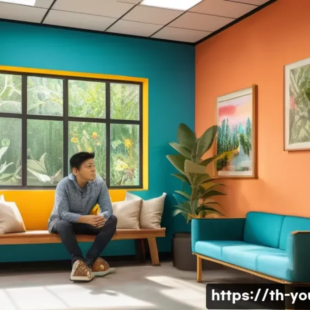 청소년상담사 이론과 실무의 균형 맞추기 - A warm and inviting counseling room scene set in a modern Thai community center, featuring a compass...