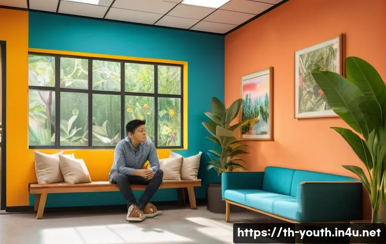 청소년상담사 이론과 실무의 균형 맞추기 - A warm and inviting counseling room scene set in a modern Thai community center, featuring a compass...