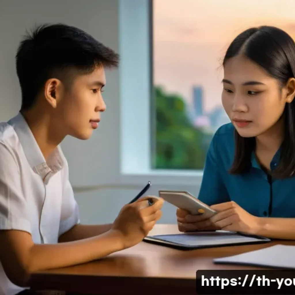 청소년상담사 실무에서의 갈등 관리 - A compassionate counseling session scene with a Thai teenage boy and a female counselor in a modern,...