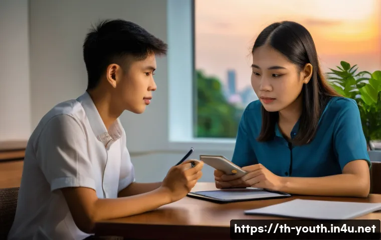 청소년상담사 실무에서의 갈등 관리 - A compassionate counseling session scene with a Thai teenage boy and a female counselor in a modern,...