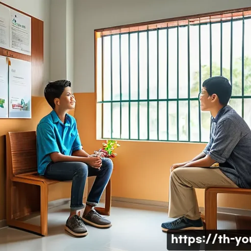 청소년상담사 직업의 사회적 가치와 전망 - A warm and inviting counseling room in a Thai school setting, featuring a compassionate young female...