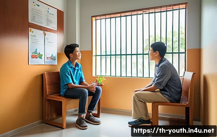 청소년상담사 직업의 사회적 가치와 전망 - A warm and inviting counseling room in a Thai school setting, featuring a compassionate young female...