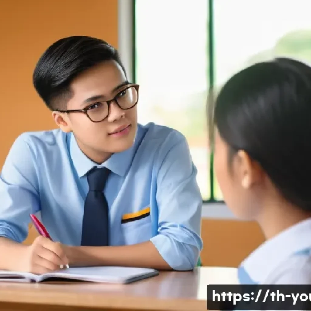청소년상담사 자격증 취득 후 전망 - A compassionate teenage counselor sitting in a bright, modern Thai school counseling room, wearing p...
