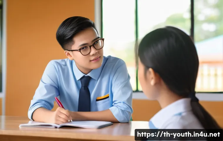 청소년상담사 자격증 취득 후 전망 - A compassionate teenage counselor sitting in a bright, modern Thai school counseling room, wearing p...