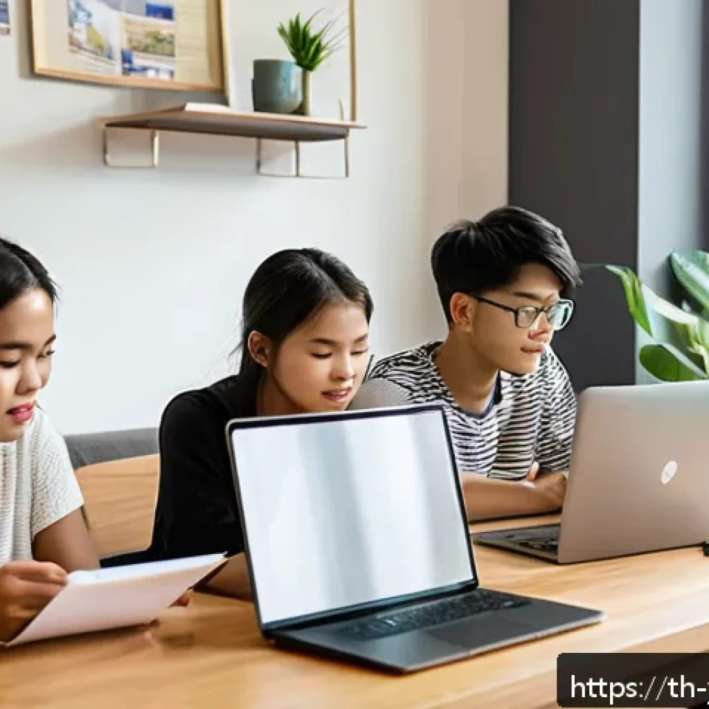 청소년상담사 자격증을 위한 온라인 강의 - A diverse group of young adult students studying online in a cozy, modern home setting in Thailand, ...