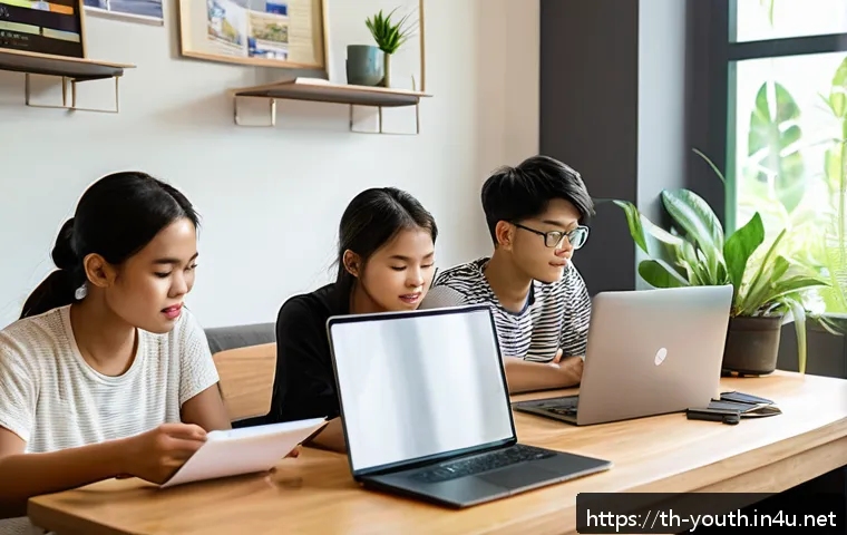 청소년상담사 자격증을 위한 온라인 강의 - A diverse group of young adult students studying online in a cozy, modern home setting in Thailand, ...