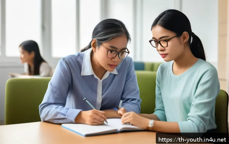 청소년상담사와 코칭의 차이점 - A compassionate counselor in a cozy, softly lit office setting, attentively listening to a Thai teen...
