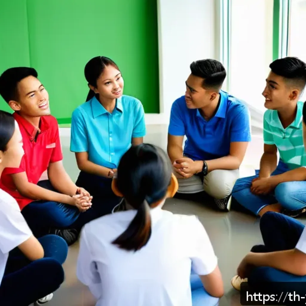 청소년상담사 자격증 소지자 구직 사이트 - A professional young adult counselor engaging attentively with a diverse group of Thai teenagers in ...