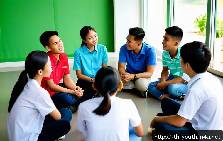 청소년상담사 자격증 소지자 구직 사이트 - A professional young adult counselor engaging attentively with a diverse group of Thai teenagers in ...