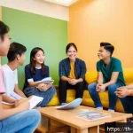 Home 20 청소년상담사로서 청소년 상담 사례 분석 - A modern counseling session scene with a diverse group of Southeast Asian teenagers aged around 15-1...