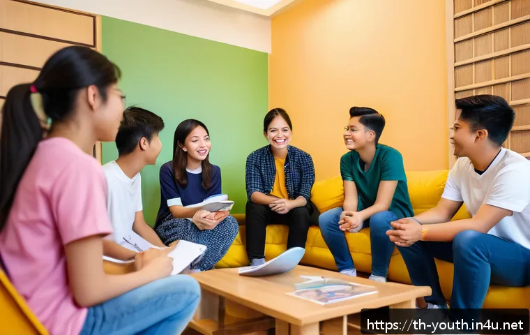 청소년상담사로서 청소년 상담 사례 분석 - A modern counseling session scene with a diverse group of Southeast Asian teenagers aged around 15-1...
