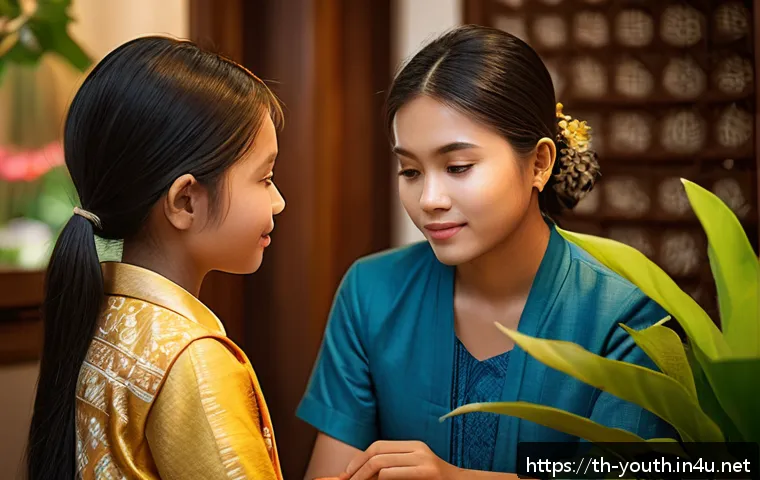 청소년상담사 심화 과정 강의 - A compassionate counselor attentively listening to a Thai teenage girl in a cozy, softly lit room de...