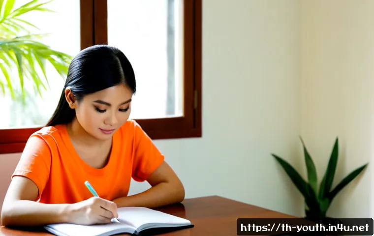 청소년상담사로서 자아성찰의 중요성 - Photorealistic Thai youth counselor sitting quietly at a sunlit desk after a counseling session, tho...
